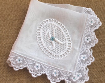 Something Blue bride handkerchief Monogrammed handkerchief Silk bridal handkerchief Lace Wedding hanky Bridal shower gift Personalized Hanky