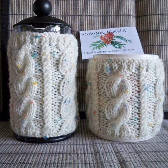 Hand knitted cafetiere cover coffee pot cosy and mug hug