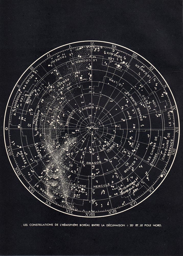 Star Chart Northern Sky Astronomy Print 1940s Constellations