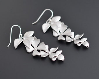 10% OFF, Beautiful long orchid earrings, silver earrings, wedding earrings, party jewelry, bridal jewelry, clip earrings, gift
