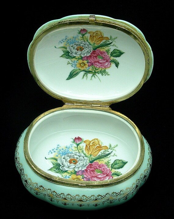 Vintage Porcelain Jewelry Box Hinged Lid Teal White and