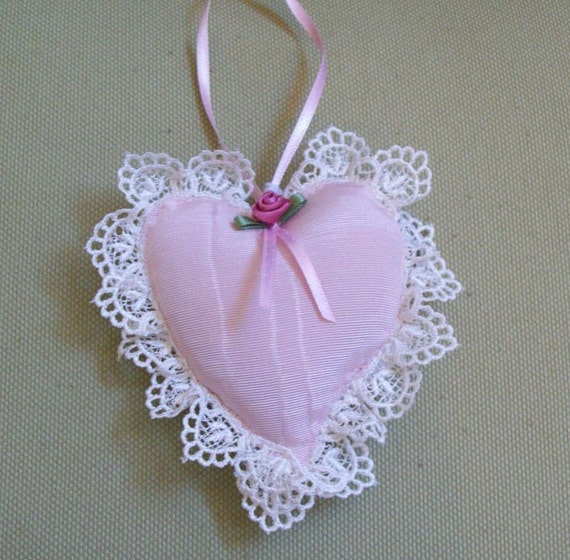 Heart shaped sachet with pink satin rose by lynnedowns on Etsy