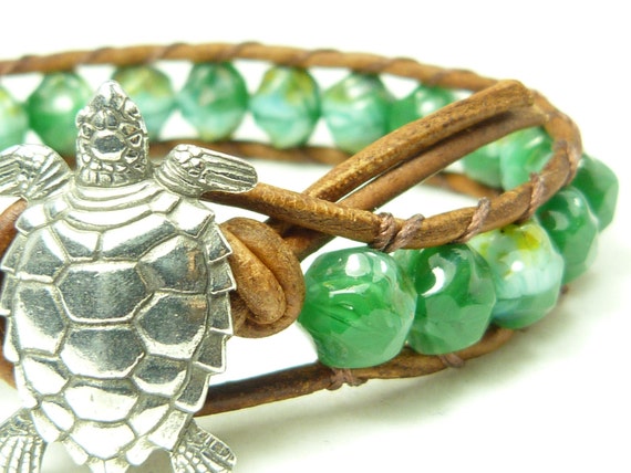 Leather and bead wrap bracelet sea turtle green nugget