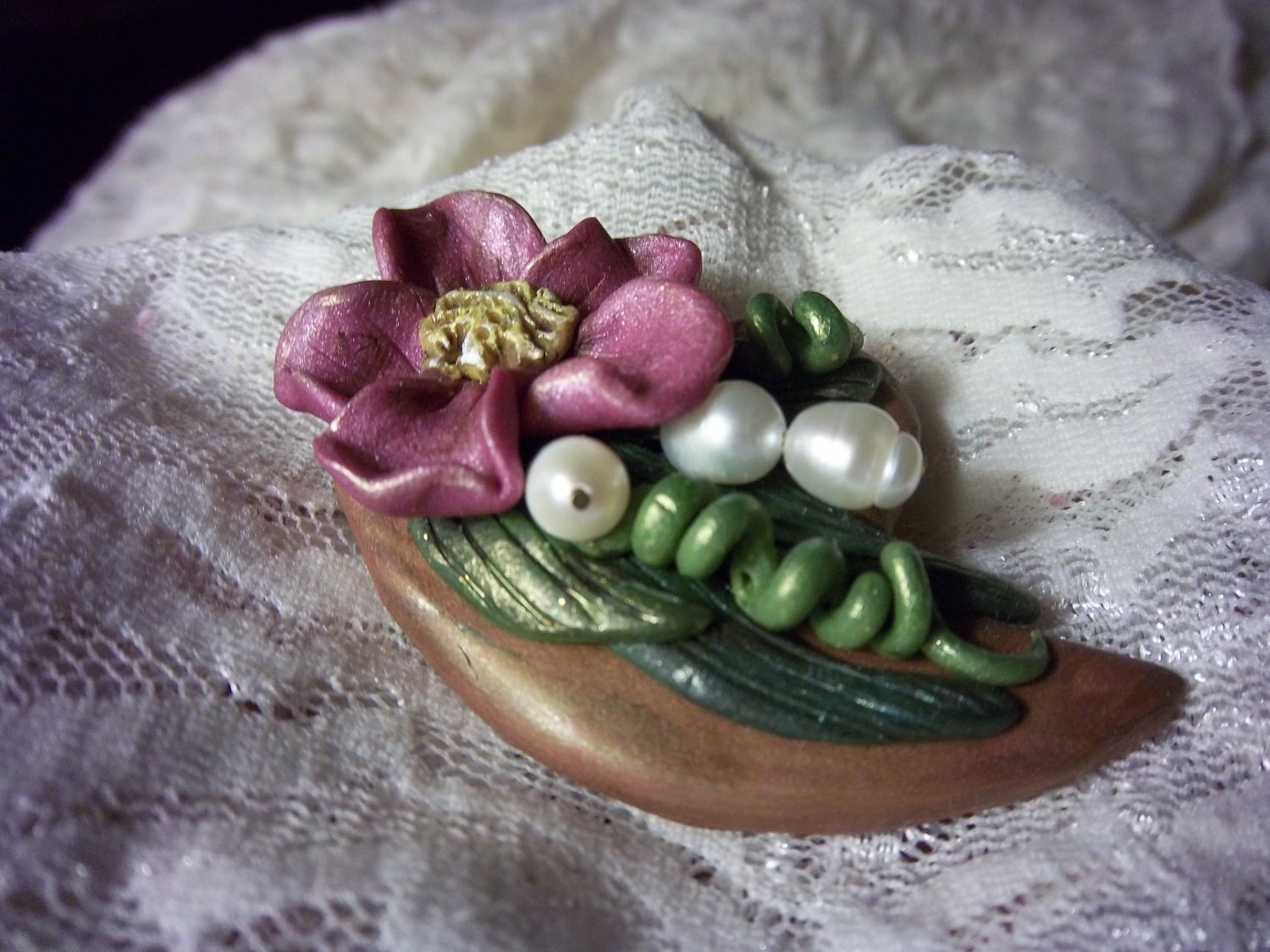 Pink Flower Brooch Heart Brooch Polymer Clay by Barbarasartistry