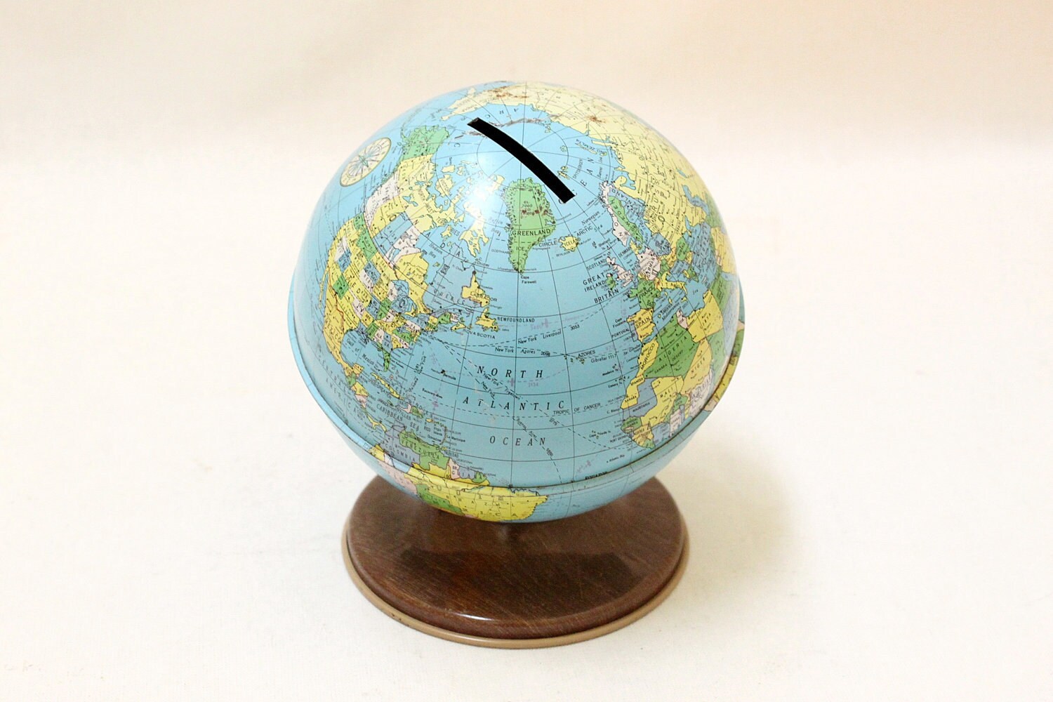 Vintage Coin Bank Globe // Metal Small Coin Bank Globe.