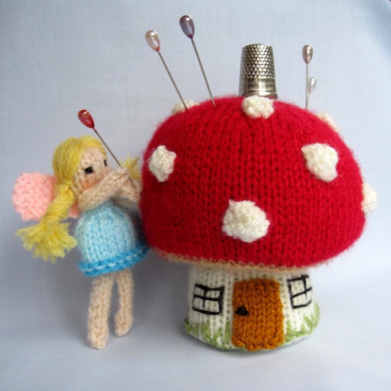 Toadstool Pincushion and Fairy - knitted pinkeep - INSTANT DOWNLOAD - PDF email knitting pattern - ePattern