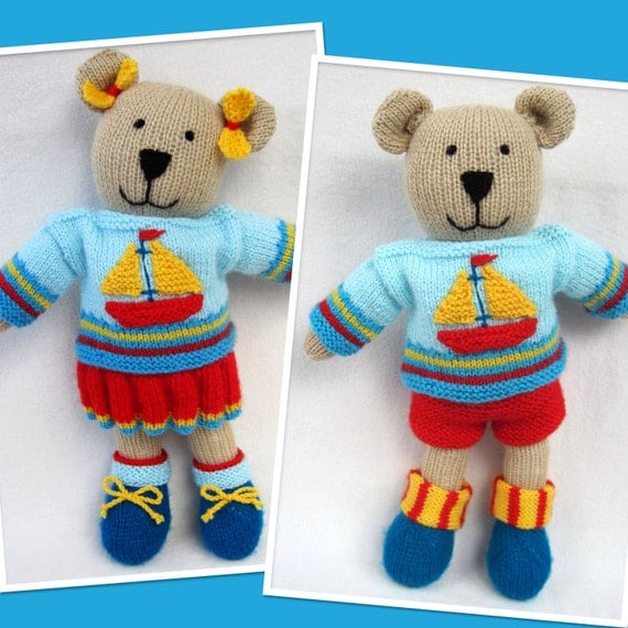Tilda and Tommy-Ted toy teddy bear dolls knitting by toyshelf