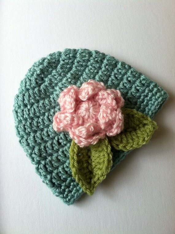 Crochet Baby Hat with Flower, Crochet Baby Hat, Newborn Hat, Baby Hat, Green Baby Hat, Hat with Flower, Baby Girl Hat, Infant Hat