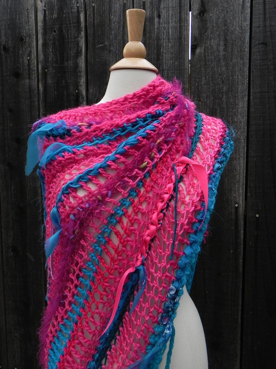 Serenity Hug Spring Fashion Ooak Poncho Fibers Reclaimed Silk Satin Ribbon & Fabric free style hand knit crochet FREE DOMESTIC SHIPPING