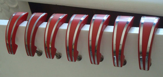 red deco bakelite drawer pulls / cabinet handles