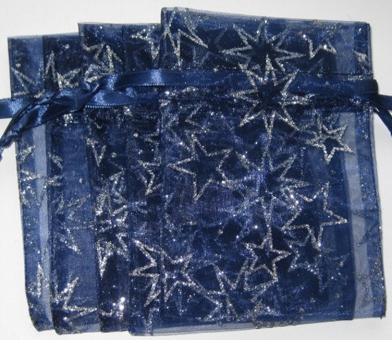 Set of 10 Navy Blue with Silver Stars Printed Organza Bags (3-1/2 x 5)