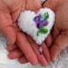 Forget me not heart ornament or brooch for Mothers Day with purple wisteria