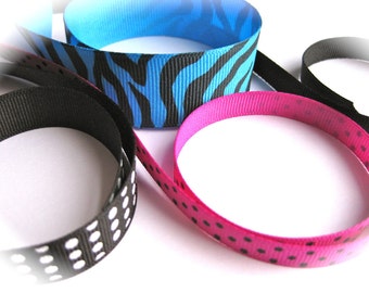 SALE-Funky 1980's Retro Grosgrain Ribbon-Black/White & Hot Purple/Black Polka Dots, Turquoise Zebra Stripes, Black-Neon, Girl Birthday Party