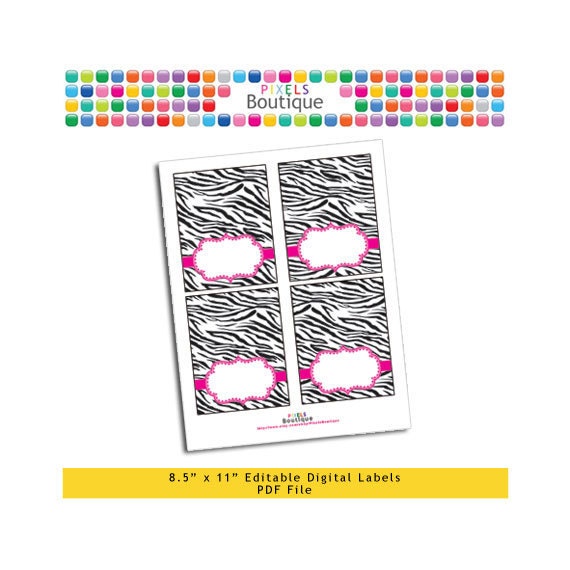 PDF Editable Black & Pink Zebra Tent Labels Place Cards Tags