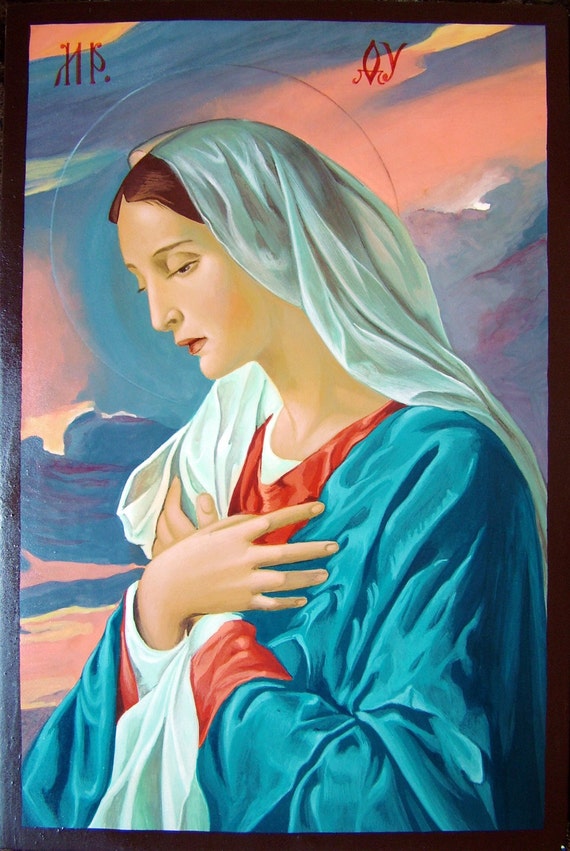 Handpainted Blessed VIRGIN MARY Madonna 20x28cm A4 format