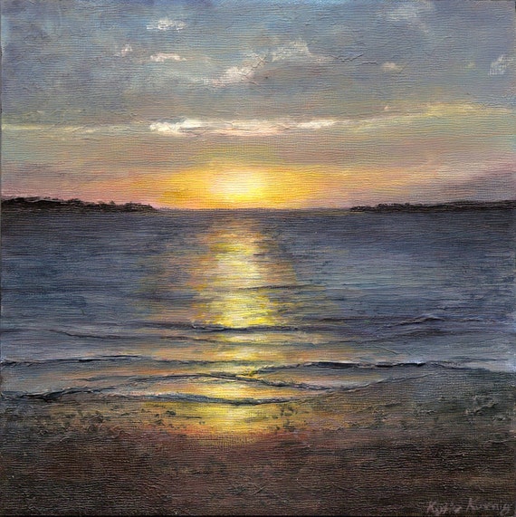 Sea harbor sunset reflection in ocean water blue yellow 8 x 8