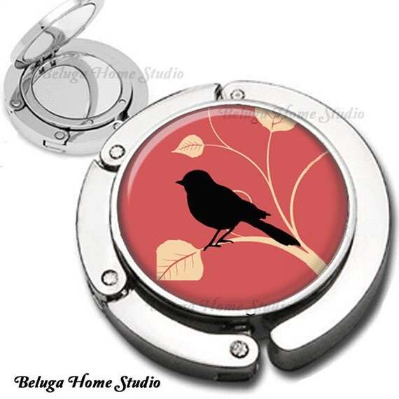 Red Black Ivory Autumn Bird Purse Hook Bag Hanger Lipstick Compact Mirror