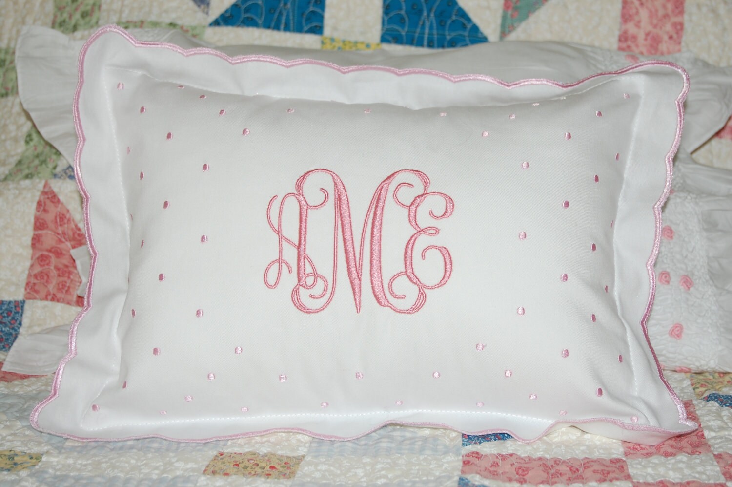 Monogrammed Pink Scalloped Baby Pillow by smberrier on Etsy