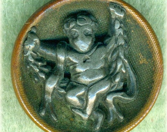 Sweet Antique Picture Button ~ Cherub on a Swing ~ 3/4 inch 18mm ~ Lead Pewter design on Brass Cup ~ Pictorial Metal Sewing Button