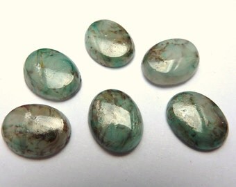 6 glass cabochons, 10x8mm, green marbled, oval