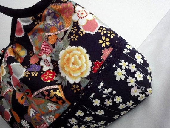 Japanese Kimono Pattern Granny bag purse flowers black cherry