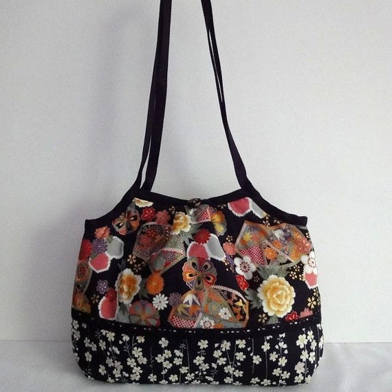Japanese Kimono Pattern Granny bag purse flowers black cherry
