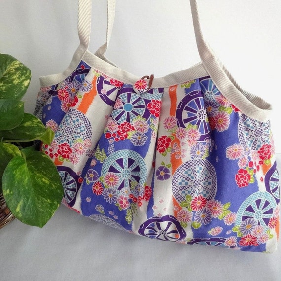 Japanese Kimono Pattern Granny bag purse flowers purple