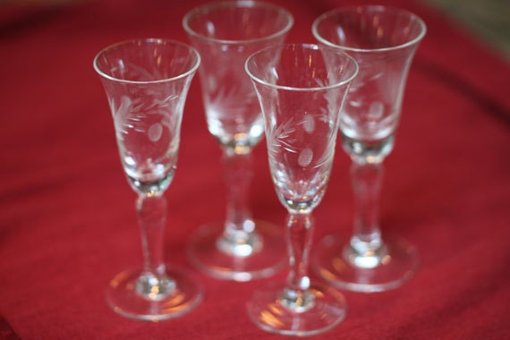 Set Of Four Vintage Etched Cordial Glasses