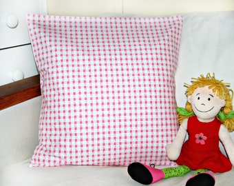 pink and white check cushion cover , girls pillow cover 16 inch