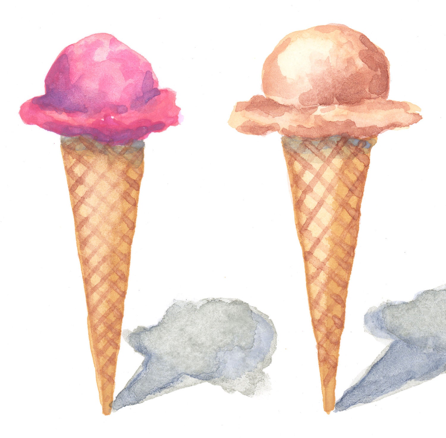 Ice Cream Cones Three Neapolitan Original Watercolor Painting