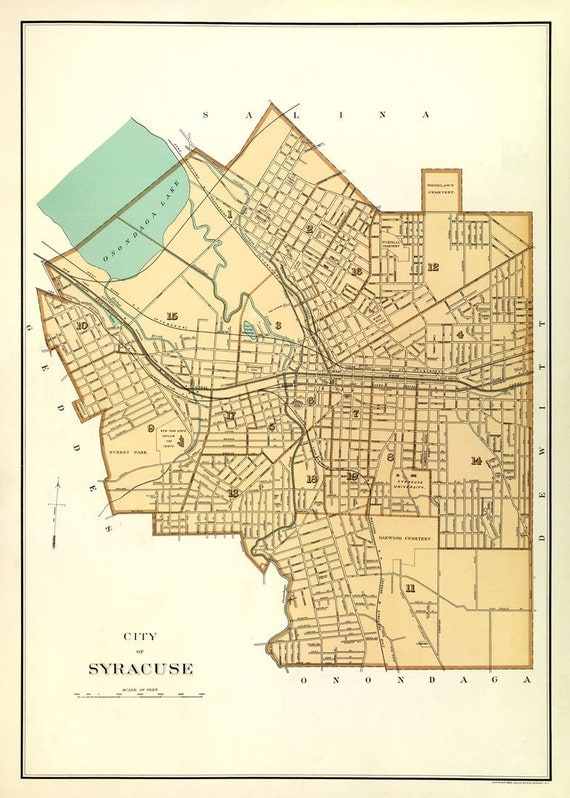 Antique Syracuse city map Print 20 x 28"