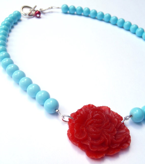 Blue and Red Necklace Glass Beads with Resin by GlassPoppies