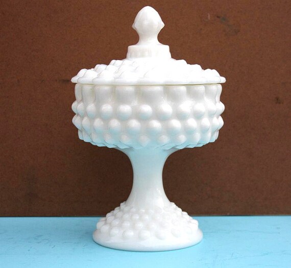 Fenton Hobnail Milkglass Candy Dish with Lid 1950s