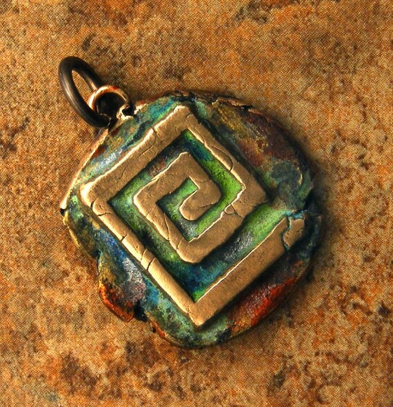 Square Spiral Pendant Handcrafted Bronze Square Labyrinth