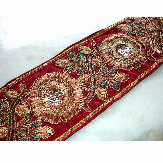 Red Silk Sari Border: Embroidered Garnet Gold Silk Ribbon 1