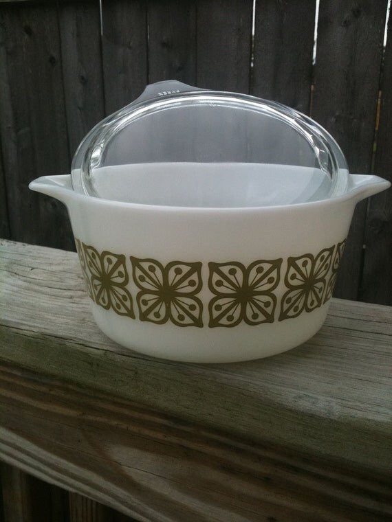 Vintage Pyrex Bowl and Lid In Green Square Flowers Pattern