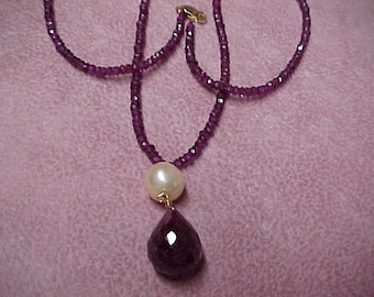 Vintage Ruby Necklace 18" of Faceted, 4MM Ruby Beads, with Cultured Pearl and Ruby Briolette Pendant, 14K Clasp