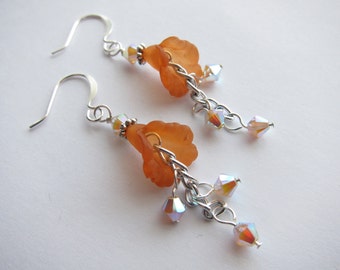 Sand Opal AB2X Swarovski Crystal Orange Lucite Lily Chain Dangle Earrings TCJG
