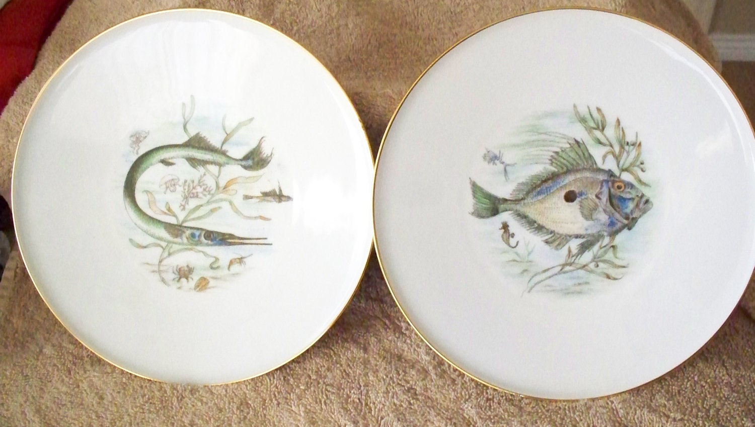 JKW Bavaria Fish Dinner Plates Set of 6 West Germany Gold Trim