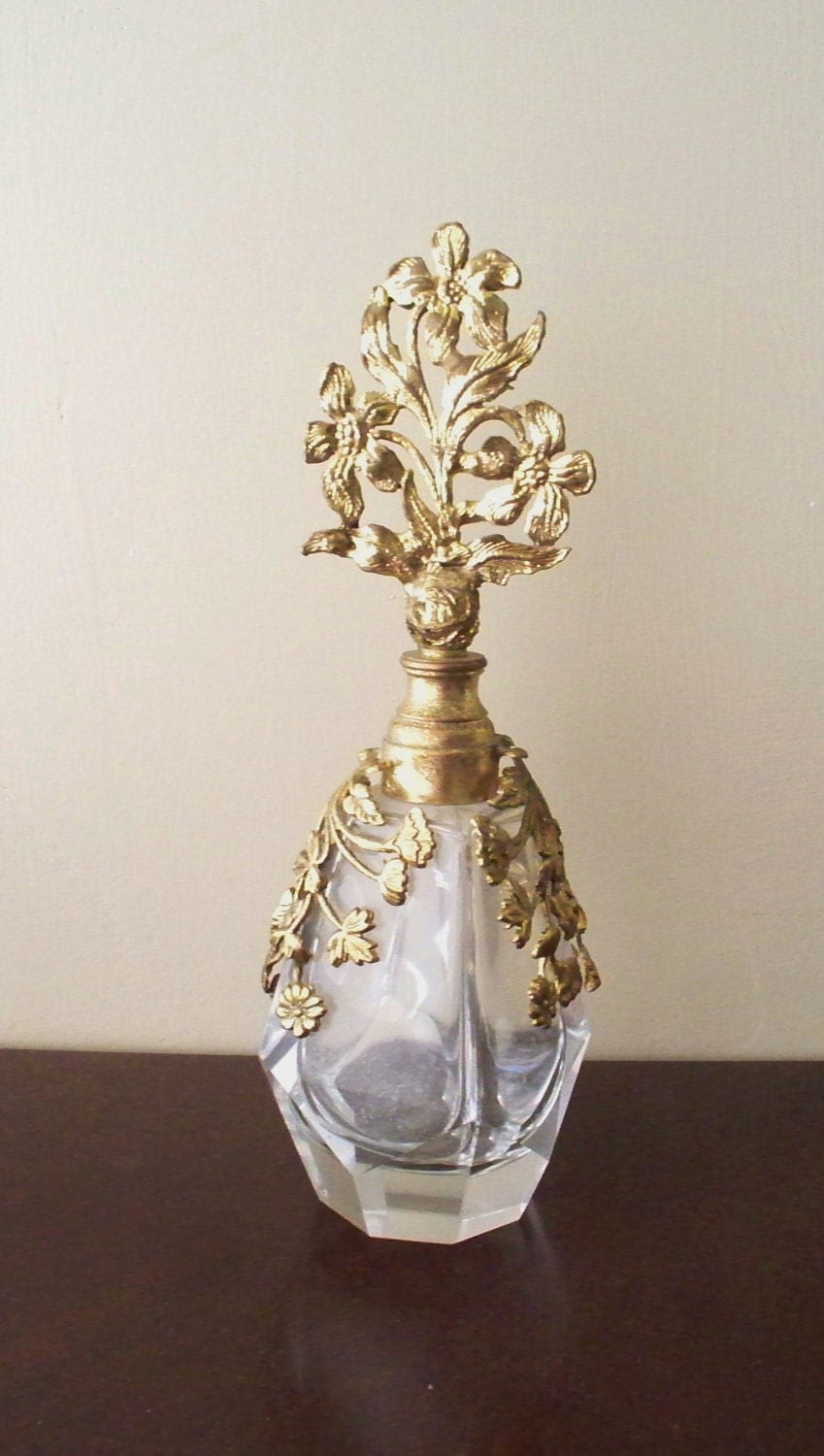 Vintage Cut Crystal Perfume Bottle Gold Filigree Ornamentation