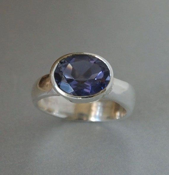 Iolite Gemstone Ring set in Sterling Silver Band Purplish