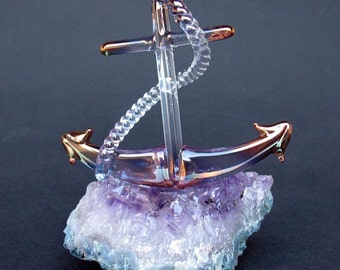 Anchor Figurine Hand Blown Glass Amethyst 24K Gold