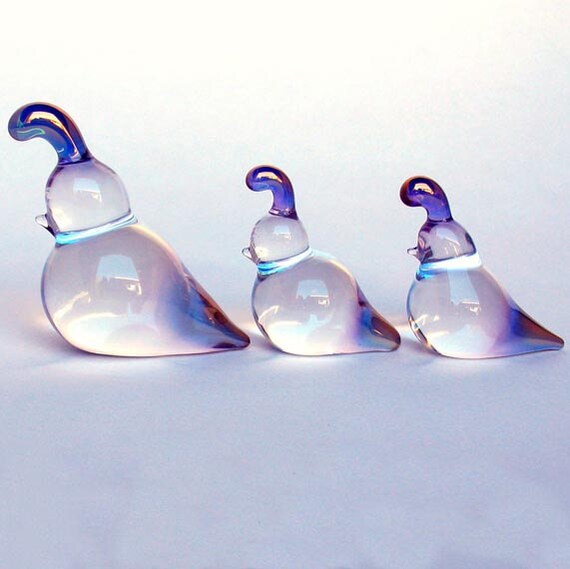 Quail Family Figurine Blown Glass Crystal Sculpture