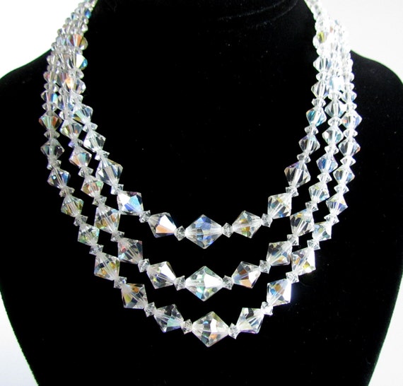 VINTAGE 3 Strand CRYSTAL A B NECKLACE True Vintage 1950s