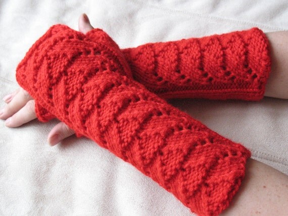 Knit Fingerless Gloves, Mittens bright red Arm Warmers and Soft Acrylic