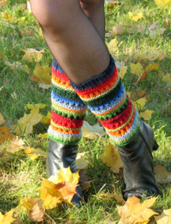 Leg Warmers Striped Multicolored Blue Red Green Yellow Orange Black Gaiters Handknitted