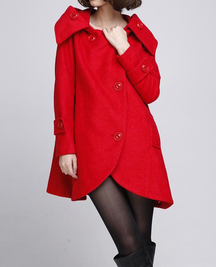 Red cloak wool coat Hooded Cape women Winter wool coat