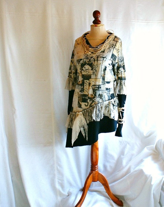 Beige Black Golf Tunic Size M L Medium Large Upcycled by cutrag