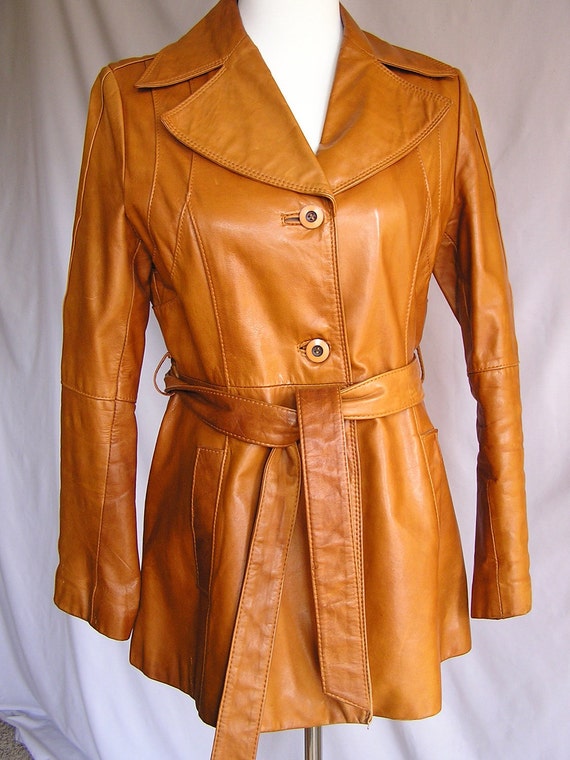 Vintage 1970s Women's Leather Trench Coat Jacket Medium