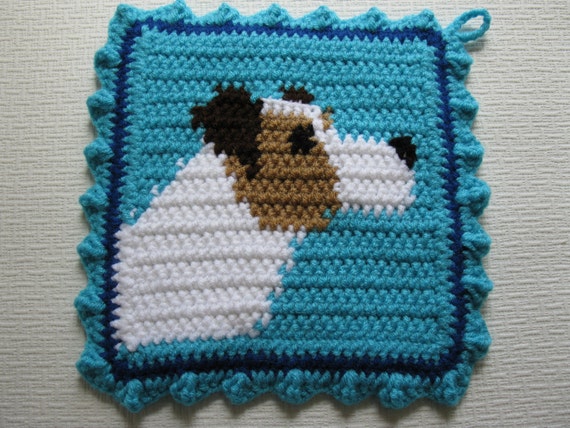 Jack Russell Terrier Pot Holders. Turquoise crochet dog